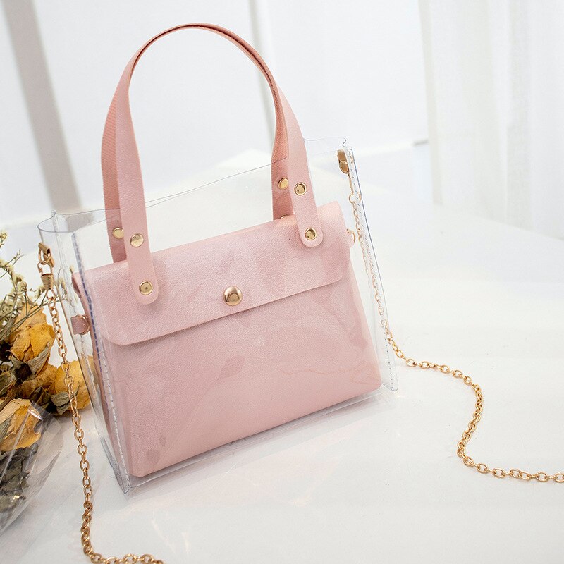 Handtas Pu Vrouwen Schoudertas Transparante Metalen Ketting Dual-Gebruik Snoep Kleur Tote Messenger Lady portemonnee: Roze