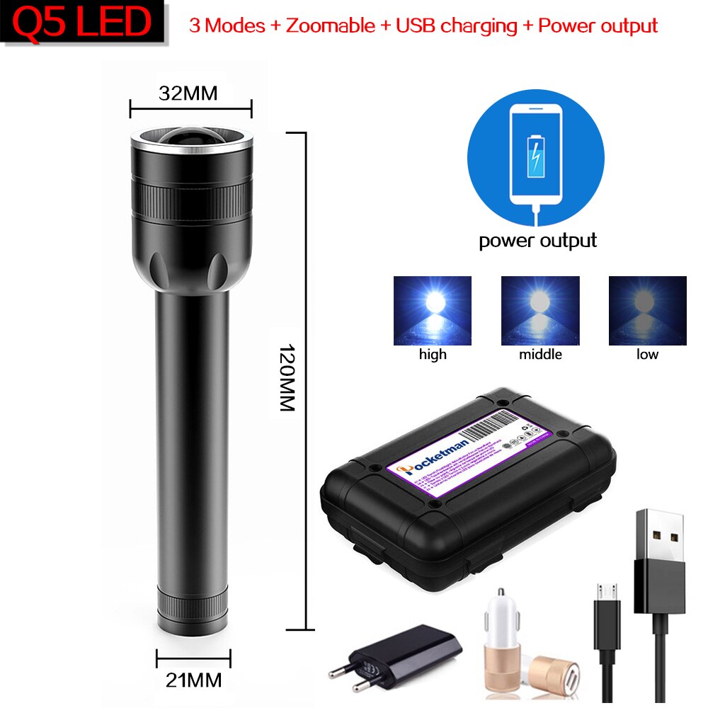 USB Rechargeable LED Flashlight With Q5 T6 LED Built-in 1800mAh lithium battery Waterproof camping light Zoomable Torch outdoor: Package C