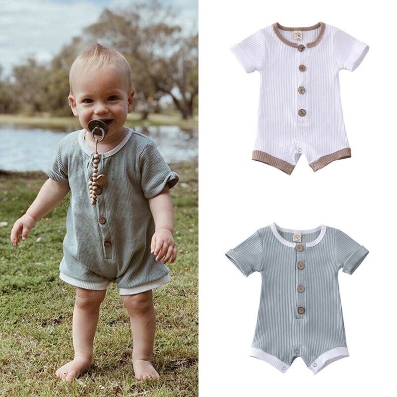 Zomer Kleding Pasgeboren Baby Baby Jongens Meisjes Kleding Geribbeld Solid Romper Jumpsuit Korte Mouw Outfit 0-18M