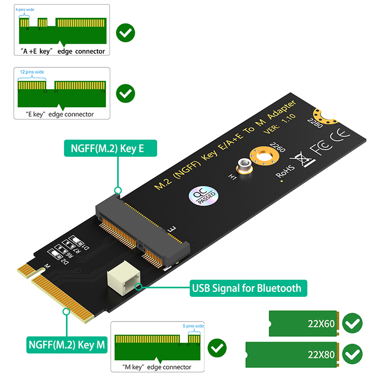 Tarjeta Bluetooth M.2 NGFF A + E key WiFi a tarjeta adaptadora M2 Key M para Intel AX200 AX210 9260 M.2 Wifi Moudle adaptador convertidor elevador