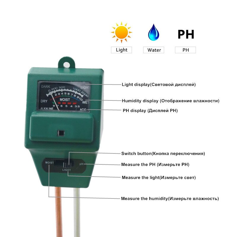 3 IN 1 Soil PH&Moisture Meter CE Certified Soil Temperature Humidity Sensor Conductivity Soil Moisture Light Sensor 20% off