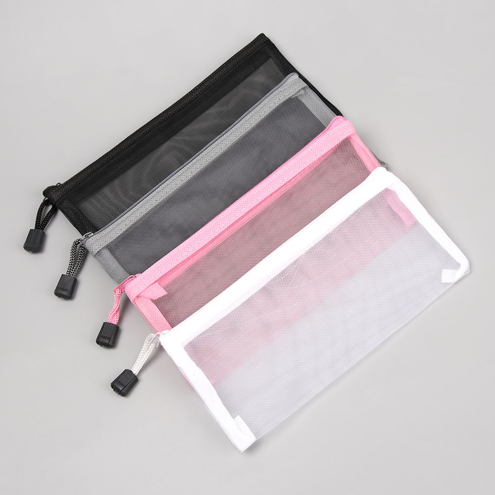 Effen Kleur Nylon Rits Etui Mesh Pen Zak Cosmetische Opslag Transparante Raster Handtassen Portemonnee Mode