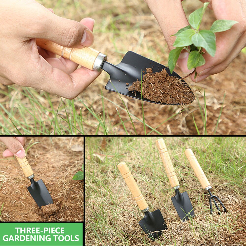 3pcs Mini Portable Gardening Tool Metal Head Shovel Rake Plant Garden Soil Raising Flowers Wooden Handle Gardening Tool Set