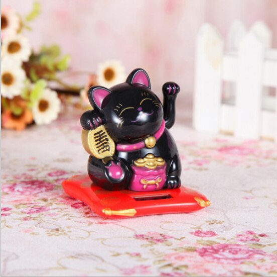 1 pcs Chinese Lucky Wealth Gold Cute Cat Solar Powered Welcoming Fortune Cat Lucky For Home Car Hotel Restaurant Decor Craft: Black