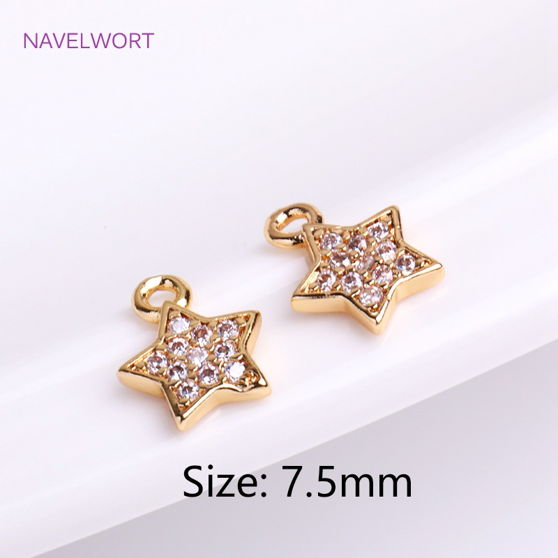 Pendientes de pentagrama chapados en oro de 14K, 7,5mm, bonitos dijes con incrustaciones de circón, colgantes de estrella pequeña, accesorios para hacer joyería DIY,: S / Blanco