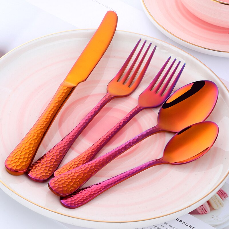 Ylelliset kultaiset aterimet 5 kpl kultaiset aterimet värikäs aterimesetti ruostumattomasta teräksestä musta aterinsetti veitsihaarukkasetti länsimaiset astiat: Sateenkaari nro .3