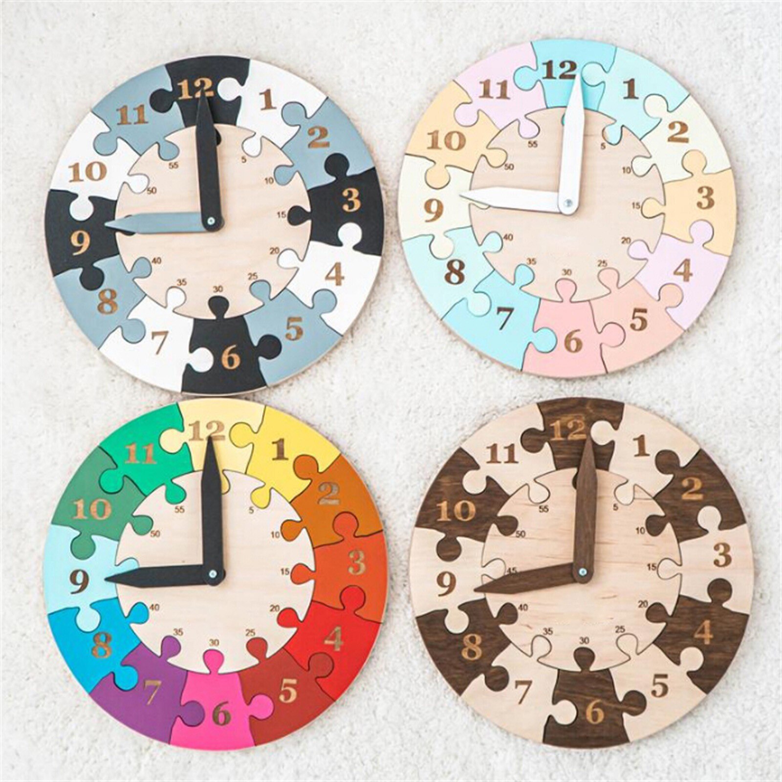 Learning Teaching Toddlers Clock Wooden Puzzle Toys Birthday Parent-child interactive Year Puzzle F