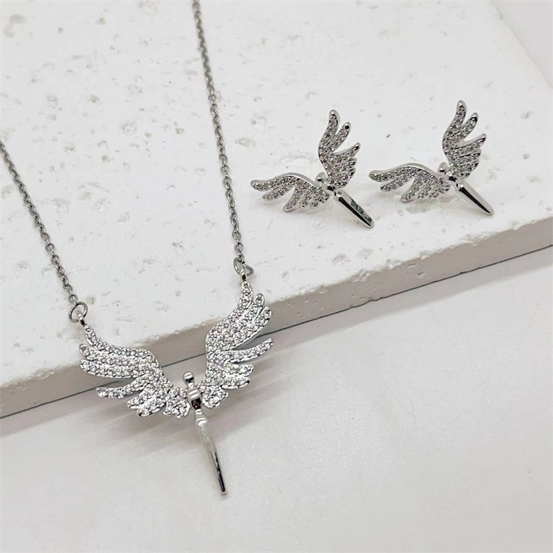 joyas árabes marroquí conjuntos bimba y lola bolsos joyas de Conjunto de collar y pendientes de acero inoxidable con alas de Ángel Micro adornadas, colgante clásico, cadena de clavícula de noche, a la y Linda