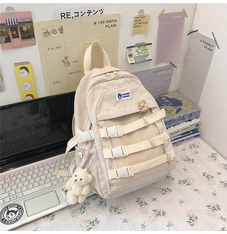 Mesh Hollow Backpack Large Capacity Women Men School Backpack Nylon Shoulder Bag Laptop Teen School Bag Mochilas Unisex Backpack: white