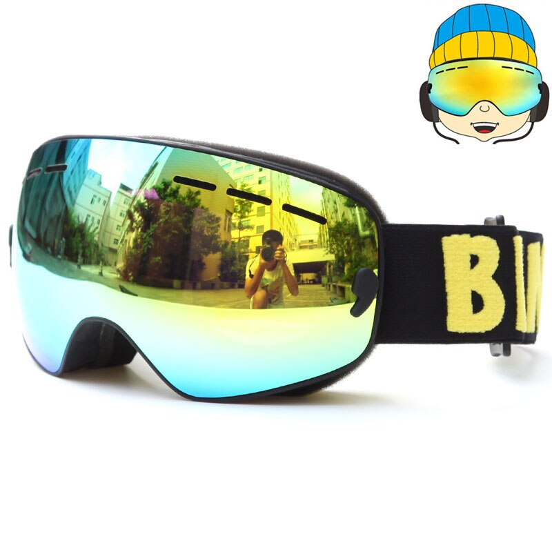 Skibrillen voor kinderen,  uv400 anti-condens snowboardbrillen, skibrillen met dubbele lens, skimaskers, winterskibrillen voor kinderen, brillen: Zwart goud