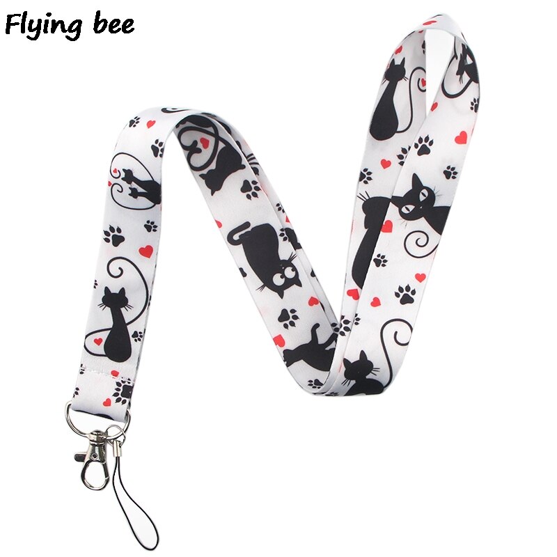 20 stuks/partij mooie schattige katten lanyard zwarte katten sleutelhanger sleutelhanger vrouwen riem nek lanyards voor sleutels identiteitskaart telefoon lanyard  x0370