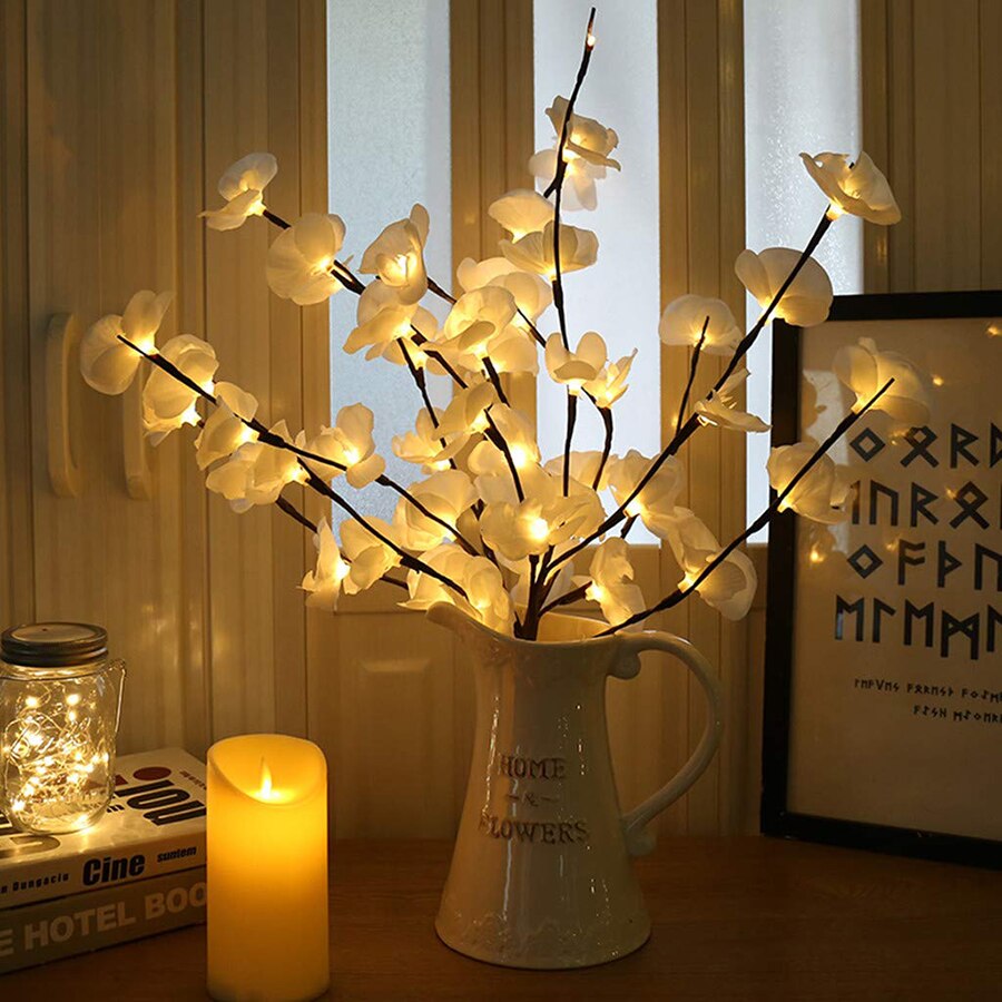 73cm 20 leds diy orkidé gren ljus vas vide kvist blomma gren lampor till jul vardagsrum fe dekorativa: Vit orkidé