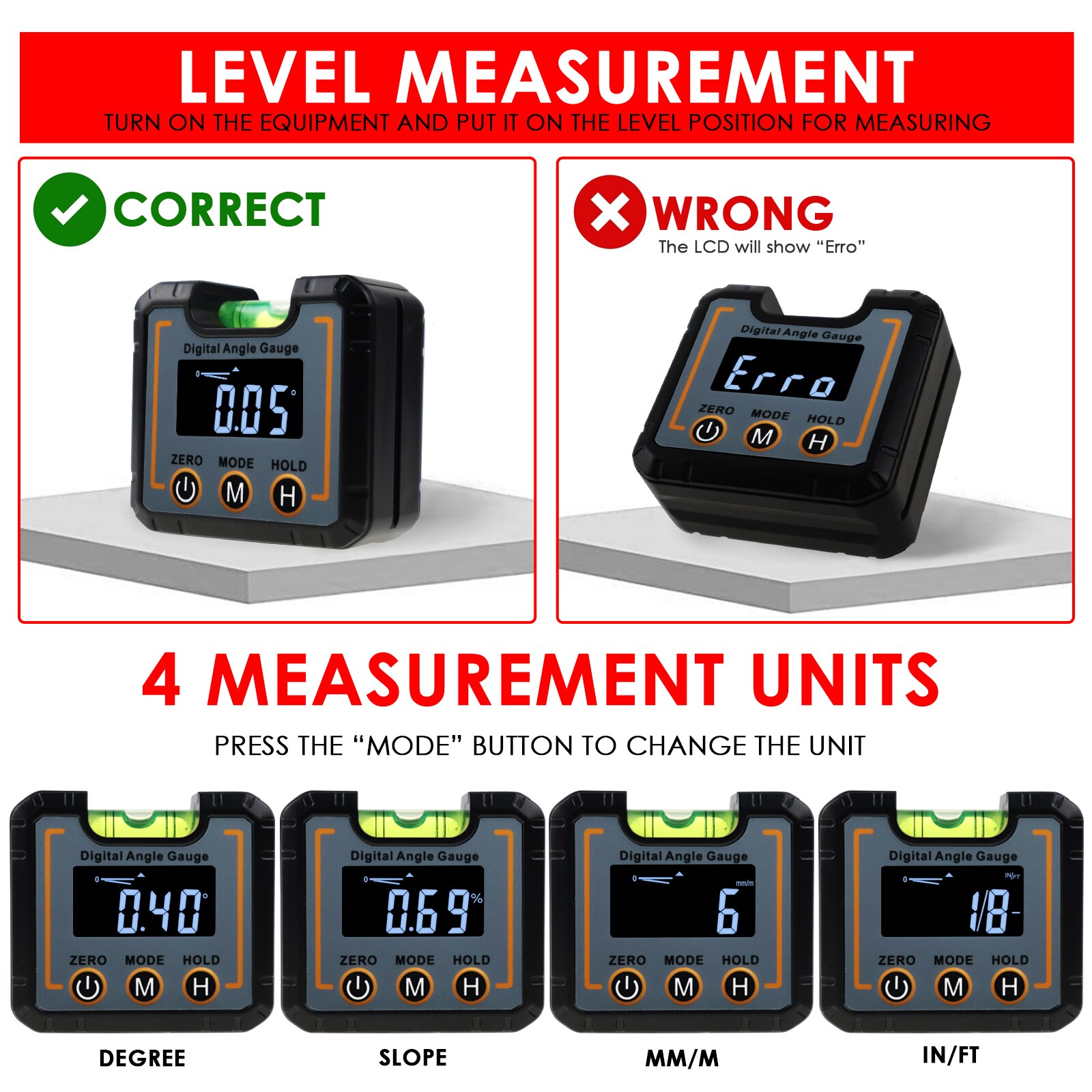 Digital Angle Gauge Electronic Protractor 4 x 90° Magnetic Base with Bubble Level for Woodworker, Craftsman, or Builder