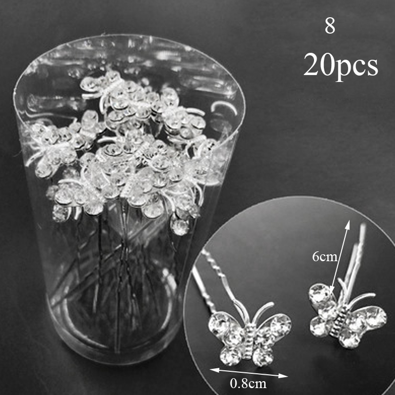 20 pçs feminino grampos de cabelo flor hairpin vara casamento nupcial cristal pérola grampos de cabelo em forma de u presilhas acessórios para o cabelo: Prateado