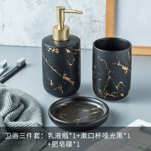 Matte marmor mønster tandbørste armbånd kopper bryllup toiletartikler badeværelse sæt keramisk holder: 3 sorte