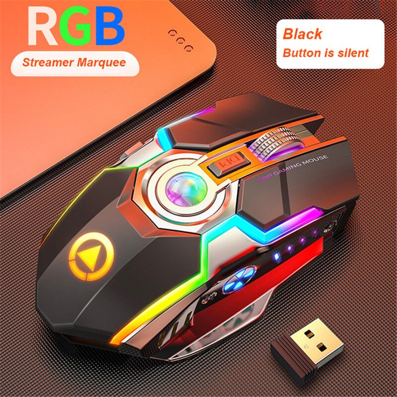 A5 Gaming Mouse ricaricabile Wireless silenzioso 1600 DPI ergonomico RGB LED retroilluminato 2.4G ricevitore USB per Computer portatile: Black