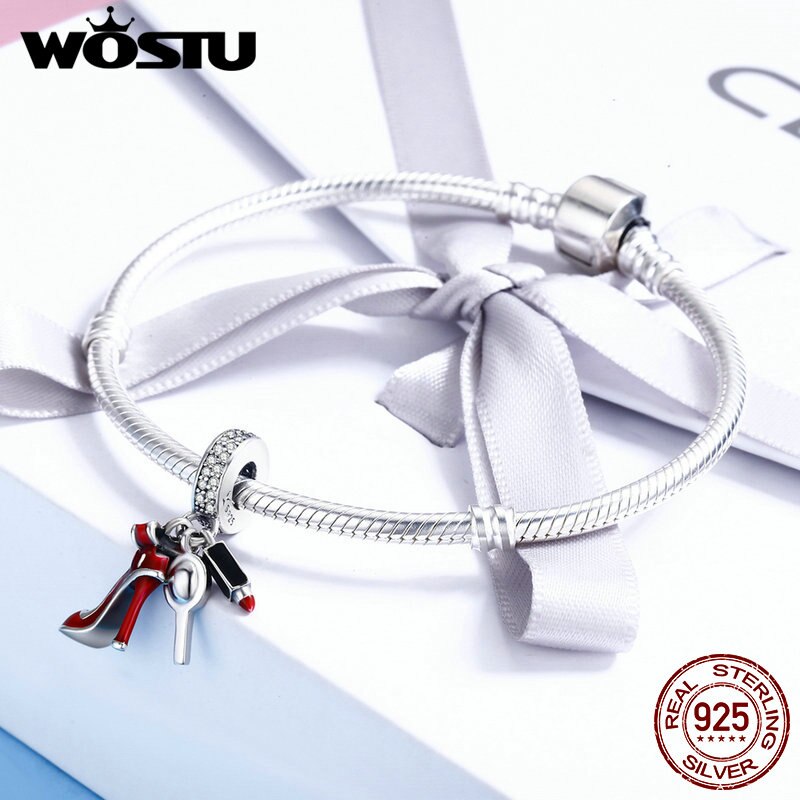 Wostu venda quente 925 prata esterlina sapatos femininos, espelho de maquiagem pingente contas ajuste charme pulseira jóias para presente feminino cqc457