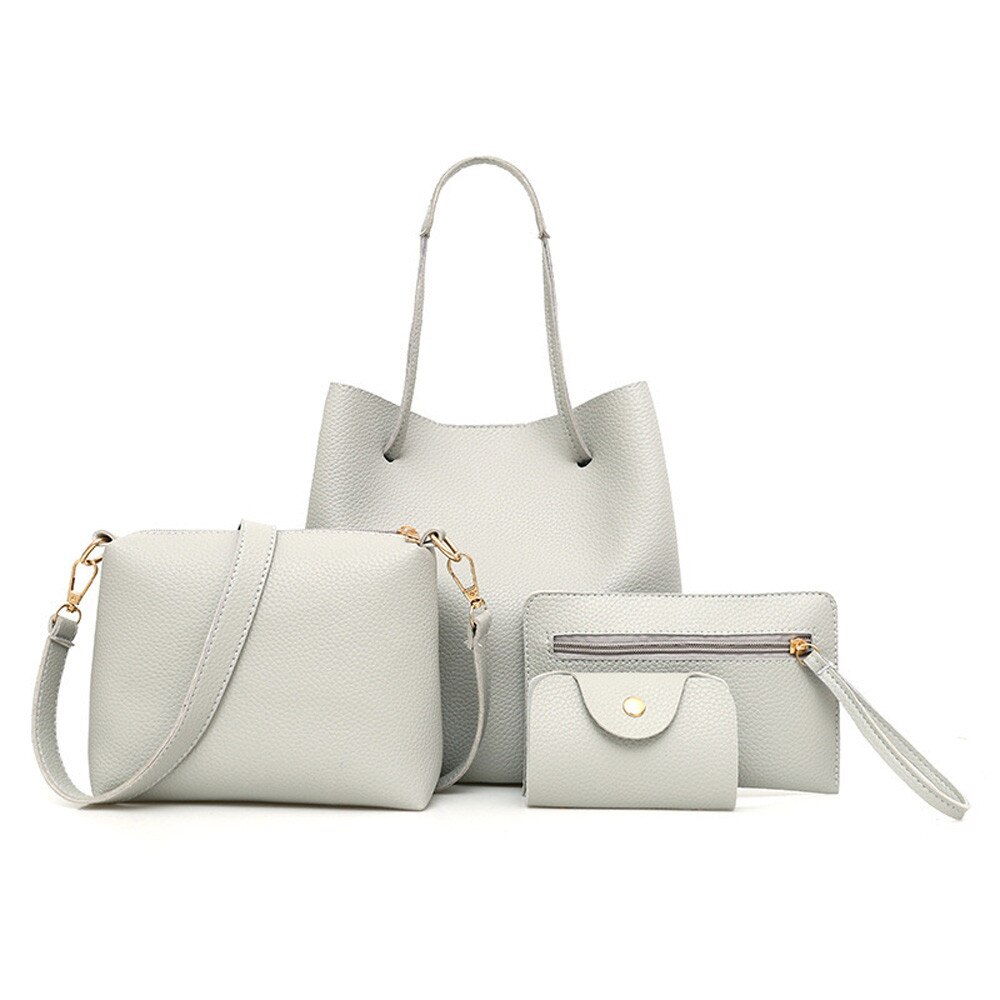 4 pièces femmes modèle en cuir sac à main + sac à bandoulière + sac de messager + paquet de carte solide fermeture éclair dames solide sacs à main ensemble #50: Gray