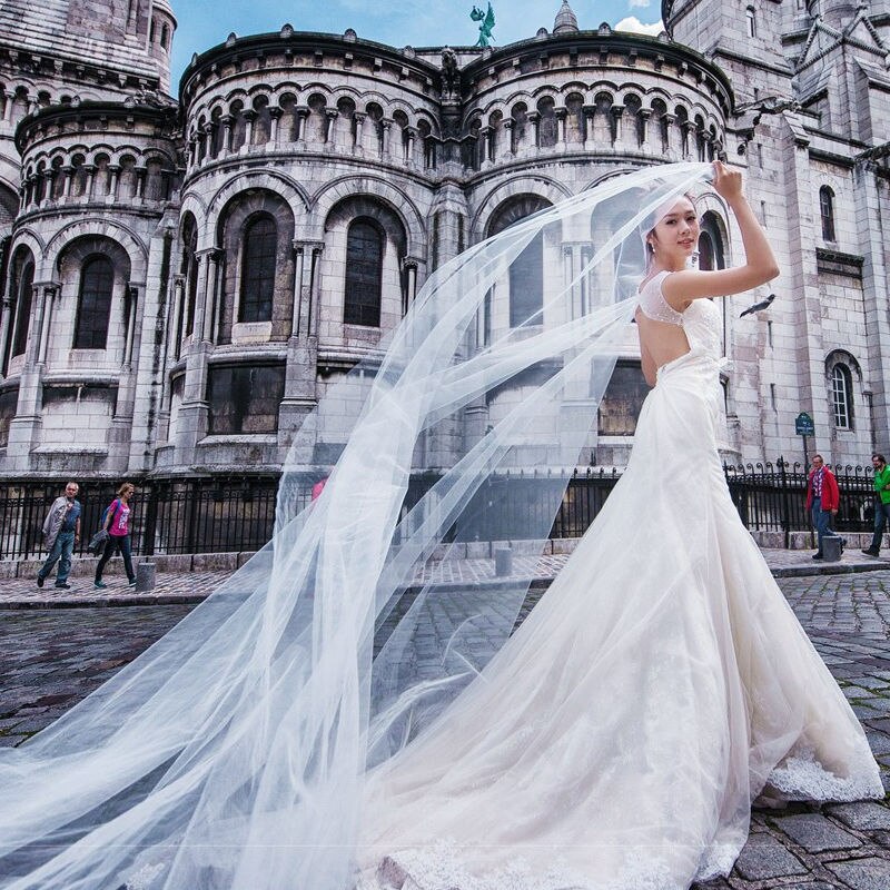 Voile blanc mariée 1 à 8M voile de mariage 1.6M largeur 1 couche dentelle accessoires de mariage sans peigne
