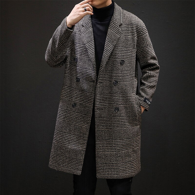 YASUGUOJI Casual Zweireiher Herren Wolle Mantel Winter Hahnentritt Jacke Männer drehen-unten Kragen Lange Woll Wind Mantel