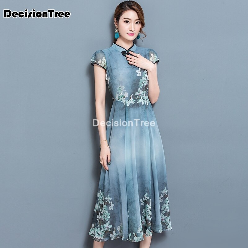 vestido qipao vestido chino cheongsam chiffon Vintage bordado flor mujeres Qipao Vestidos cheongsam moderno