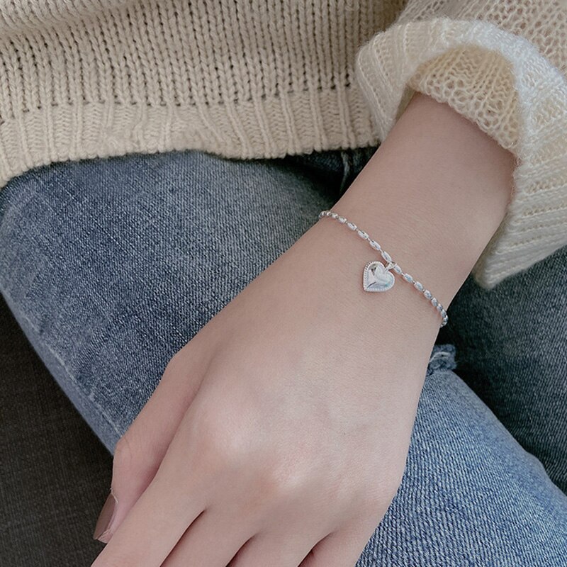 Kofsac 925 Sterling Silver Love Heart Armband Vrouwen Leuke Rijstkorrels Armband Meisje Valentijnsdag Accessoires