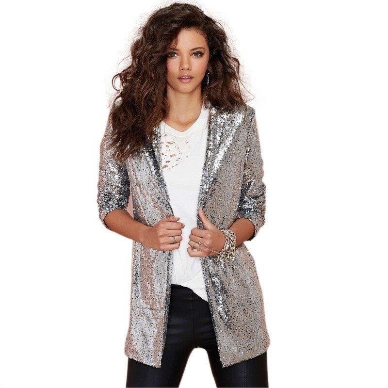 Höst kvinnor paljetter kavajer jackor guld bling silver svart långärmad kostym kappor nattklubb glitter glänsande punk ytterkläder: Silver- / Xxl