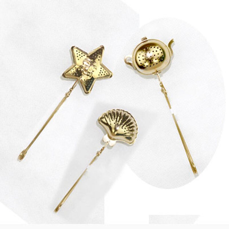 2pc guld te infuser si rustfrit stål løse blade filter til te kugle pose mesh langt håndtag star moon tekande form