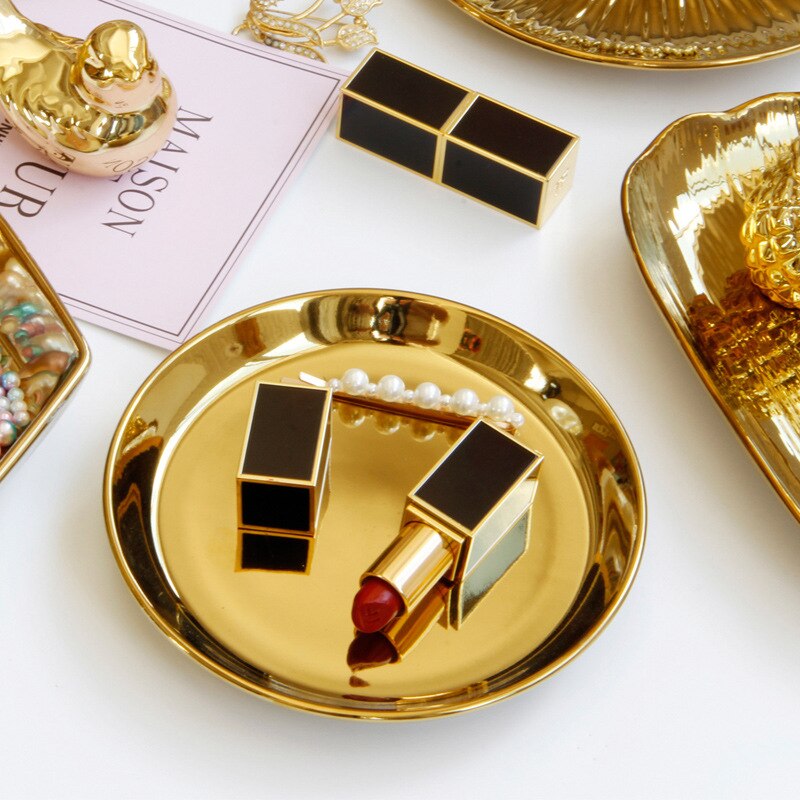 European luxury gold ceramic jewelry plate objects small tray jewelry storage plate home furnishing pieces: Small circular disc