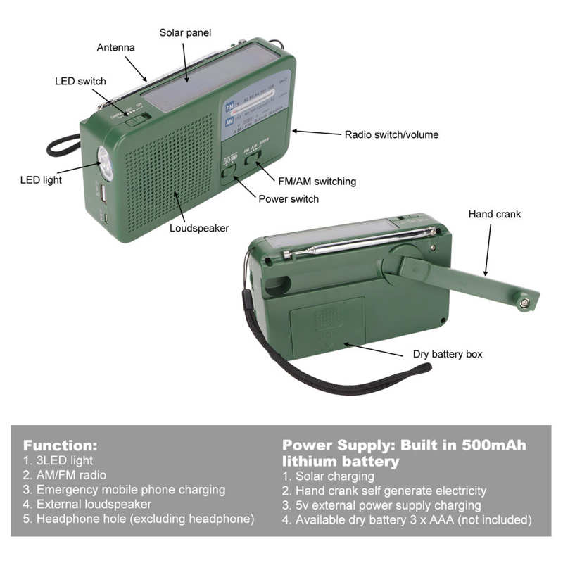 Emergency Radio with Solar and Hand Crank Self Powered, Battery USB Recharging FM/AM Radio 1 LED Flashlight Phone Charger