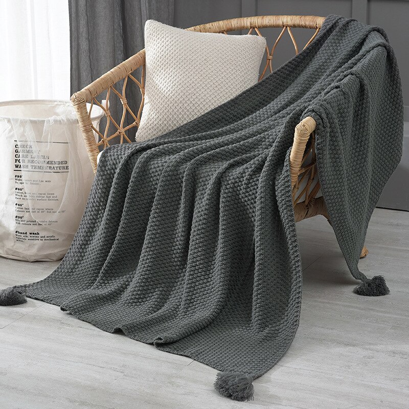 Nordic Thread Blanket with Tassel Solid Beige Grey Throw Blanket for Bed Sofa Home Textile Cape Knitted Wool Blanket: Gray / 120x150cm