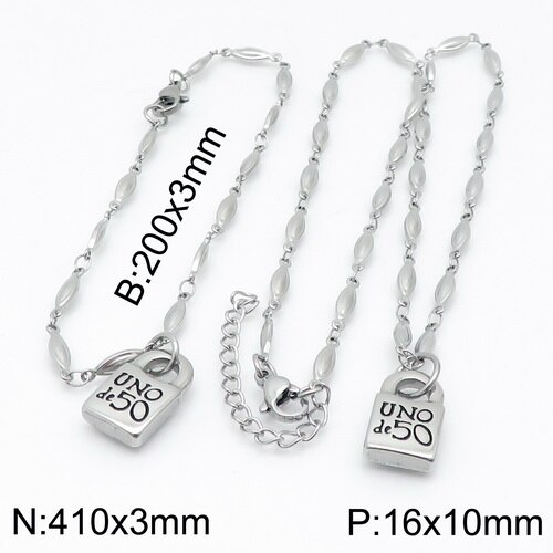femmes hommes couleur argent or acier inoxydable serrure ronde clé Uno 50 boule perle Bracelet collier ensembles de bijoux: 14