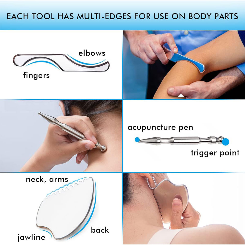Juego de herramientas de masaje para raspar Gua Sha de acero inoxidable, para espalda, piernas, brazos, cuello, hombros y todo el cuerpo, 1/4/7 Uds.