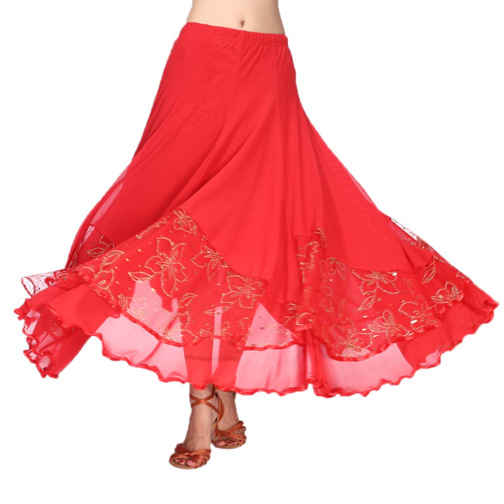 Lång flamenco modern dans kjol sequined mesh kjol vals klänning kvinnodräkt: Röd