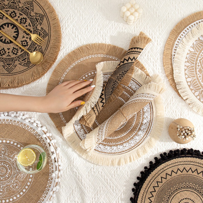 Coffee Cup Mats Woven Placemats Printed Jute Placemats Tassel Placemat Vase Cushions Furniture Decoration Heat Insulation