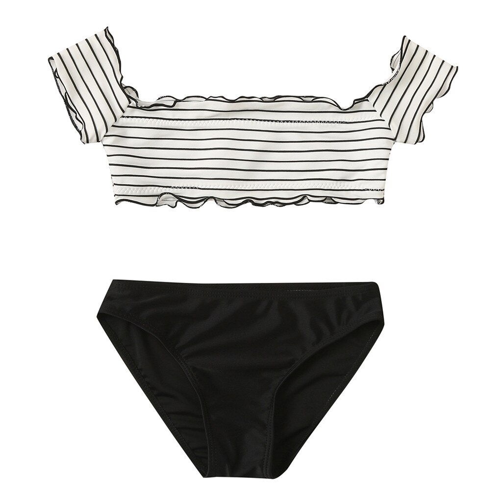 Toddler Teen Girls Bikini Set Swimwear Striped Ruffles Off Shoulder Two Piece Swimsuit Beach Wear Bathing Suit Split Outfit: 8 Years
