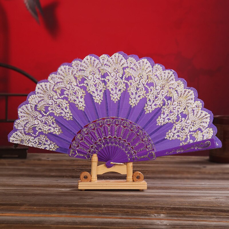 Exquisite Folding Fan Floral-Print Lace Silk Stamping Hand Held Fan For Wedding Dance Party Stage Performance Decoration: 07