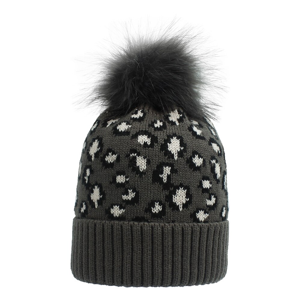 Gebreide luipaard mutsen dames pompon pompom wintermuts met pompon muts pompons voor muts imitatiebont casual warme gebreide muts muts: Donkergrijs