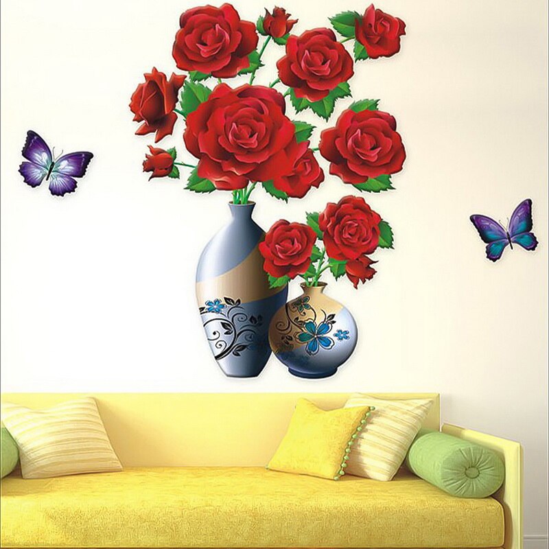 New3D Magnolia Bloem Vaas Sticker Thuis Slaapkamer Woonkamer Sofa Wanddecoratie Pvc Muursticker Laag Stickers