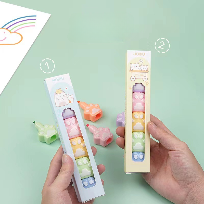 6 pcs/set Kawaii Cat Paw Highlighters Art Markers Liner Journal Diy Art Supplies Drawing Paint Marker Cute Stationery