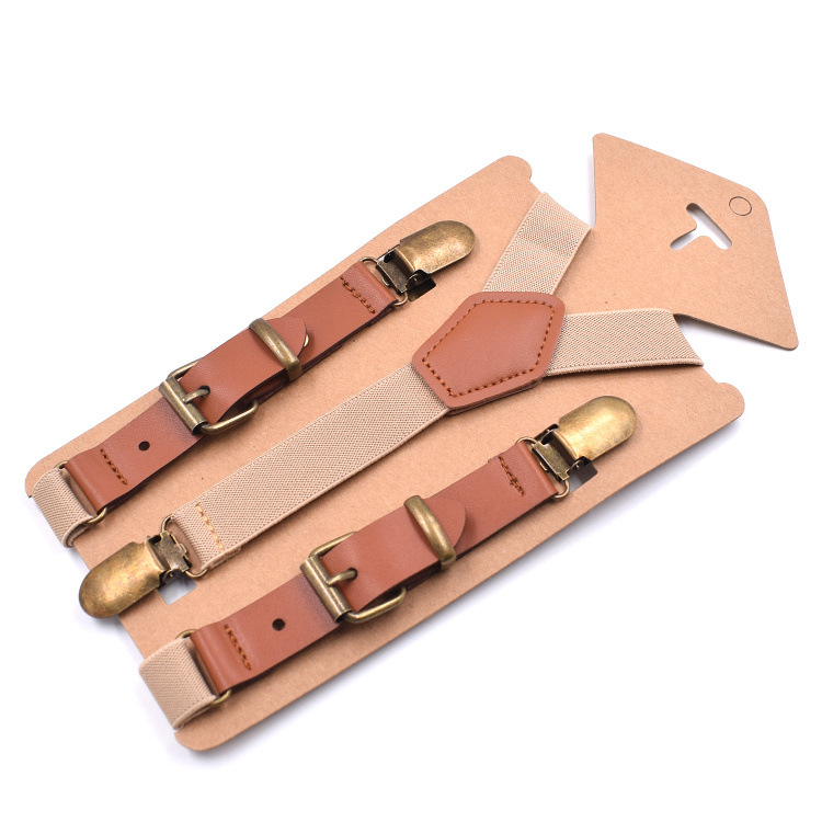 10 pcs\lot Lovely Kids Suspenders Baby Bretels Adjustable 3 Clip Braces Boys Girls Y-Back PU Leather Suspender: Beige