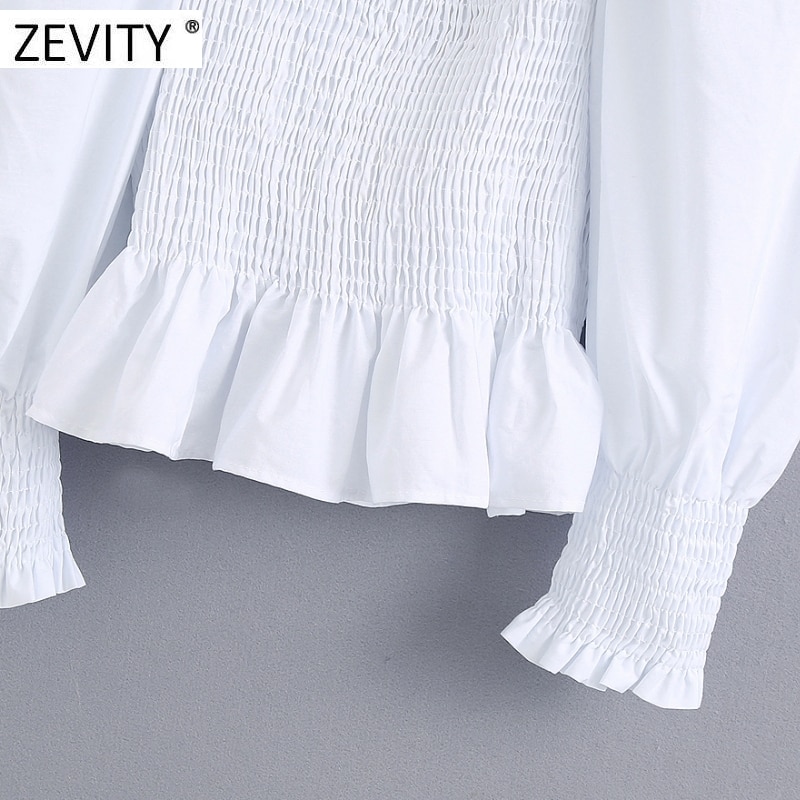 Zevity dames vierkante kraag elastische poplin smock blouse dames pofmouw slanke witte shirts chique cropped tops  ls7033