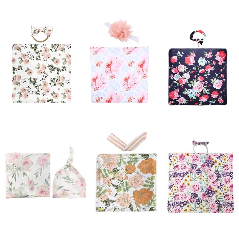 2 uds. De envoltura Floral para Recién Nacido + conjunto de diadema, manta receptora de algodón para bebé, saco de dormir, banda para el pelo