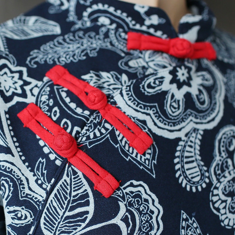 Johnature kvinder vintage kjole hvid og blå kinesisk stil cheongsam efterår vinter stand langærmet fleece varm kjole