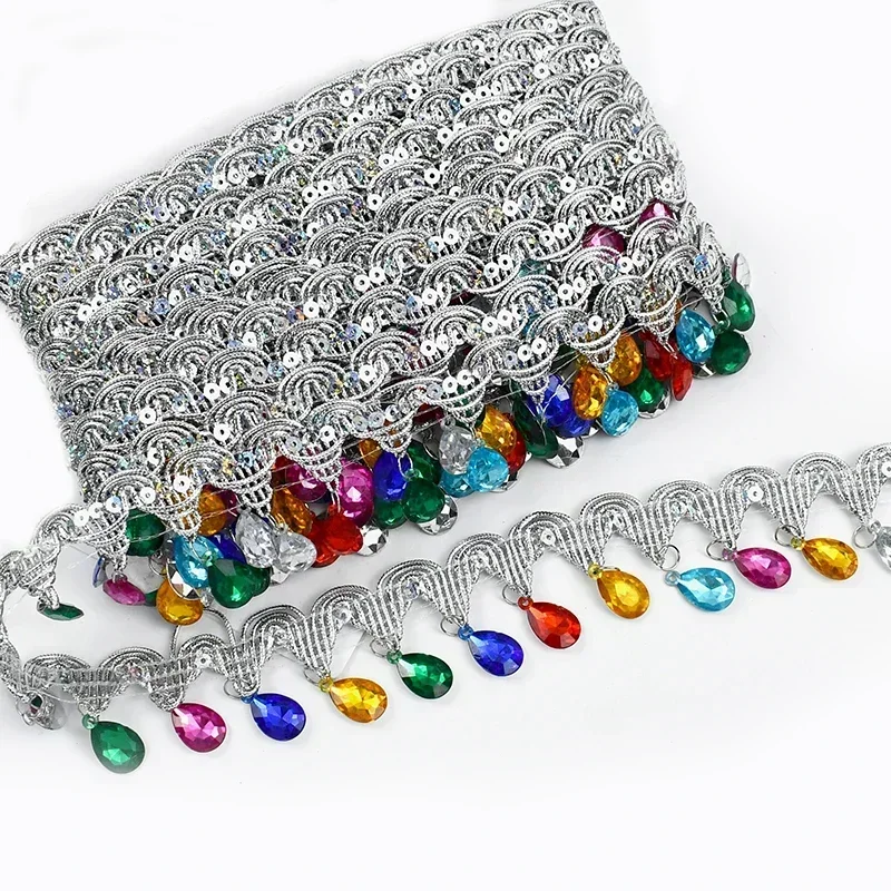 Ruban de dentelle perlé avec pompon biscuits, garniture à franges pour rideau, décoration de robe de mariée, accessoires de couture bricolage, 3 m, 9m, 45mm: Transparent / XS