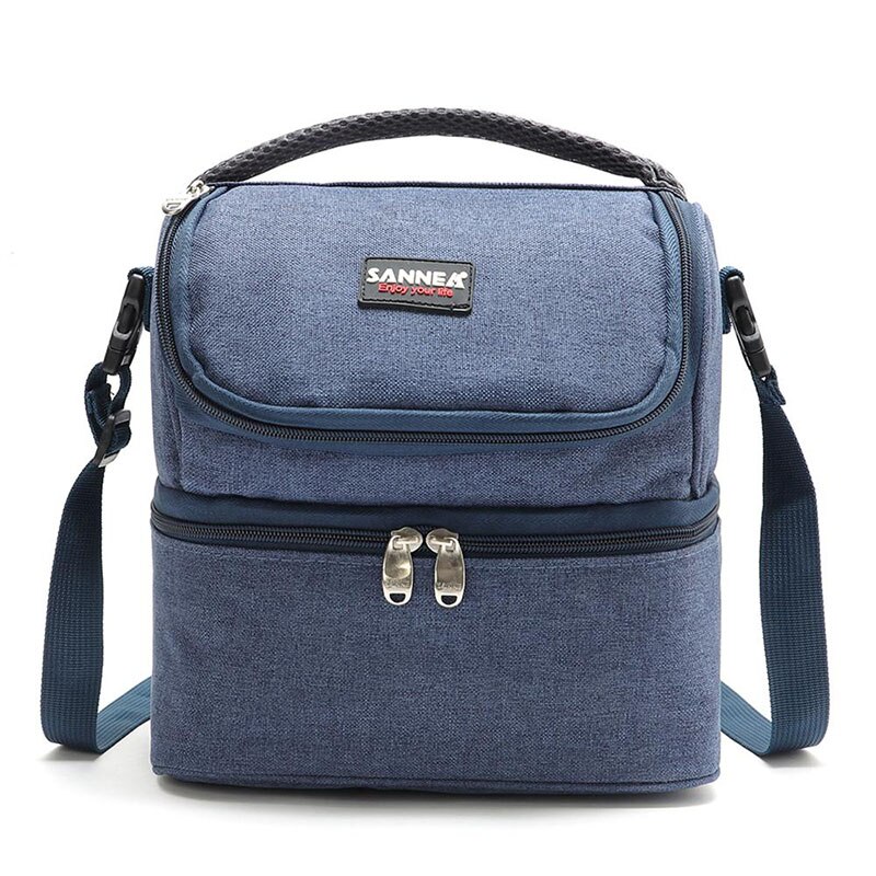 Double-Deck Insulated Lunch Bag Women Thermal Large Capacity Cooler Bag Portable Lunch Tote Food Bag: Blue