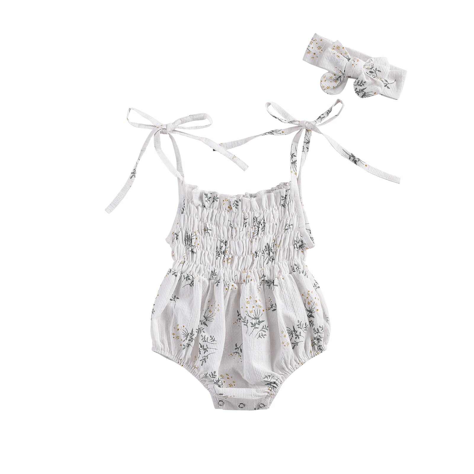 0-18M Leuke Baby Baby Girl Bloemen Romper Zomer Bandjes Bandage Bloemenprint Geplooide Playsuit + Hoofdband 2 Stuks Outfits: WHITE / 3-6 Months