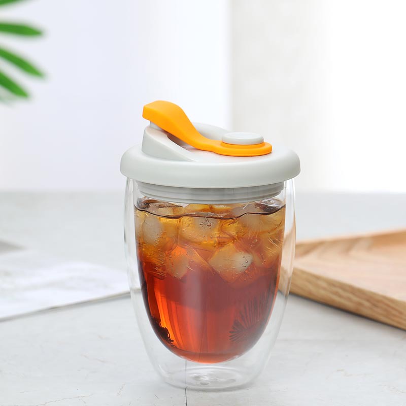 Tasse en verre à Double paroi anti-fuite, avec couvercle hermétique en Gel de silice, isolée, pour café, jus, en forme d'œuf, transparente: orange450ml