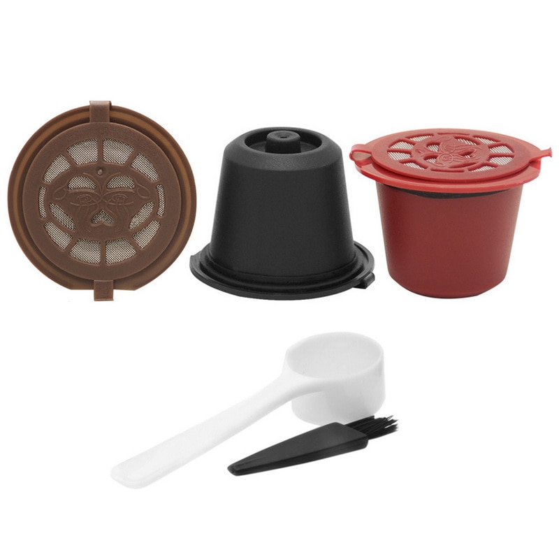 3 pakke genopfyldelig genanvendelig kaffekapsel med 1pc plastikskedefiltre køkken tilbehør holdbart genanvendeligt nespresso kapsler: Blandede farver