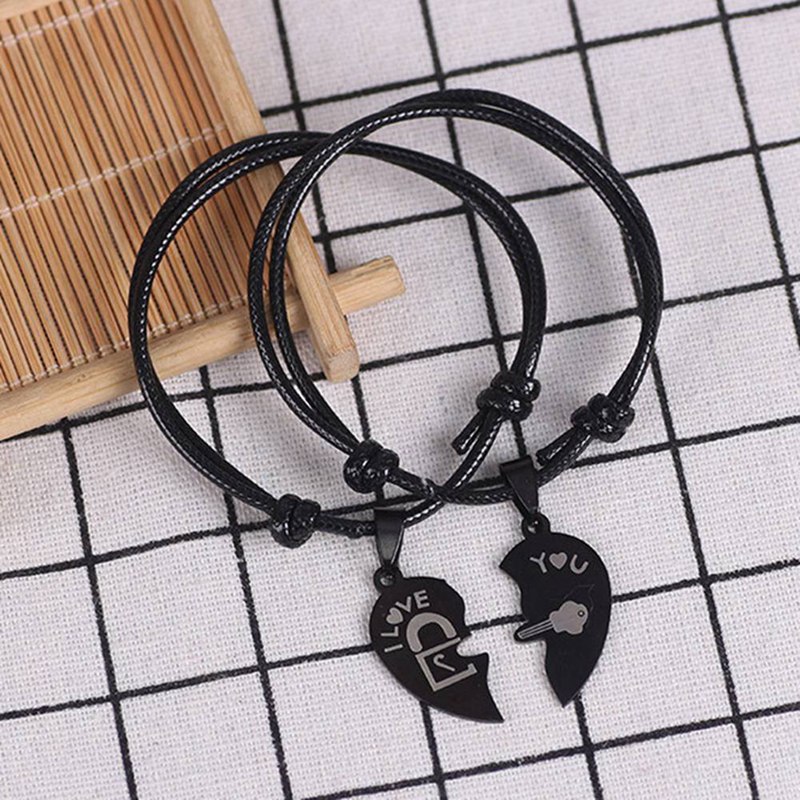 Couple Bracelets for Women and Men Heart Black Stainless Steel Key Lock Two Halves Paired Bracelet Jewelry 2PCs/set
